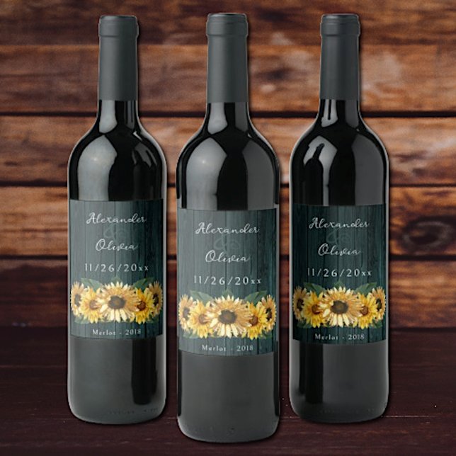 Rótulo Rustic Teal Sunflower Wine (Rustic Teal Sunflower Wedding Wine Label)