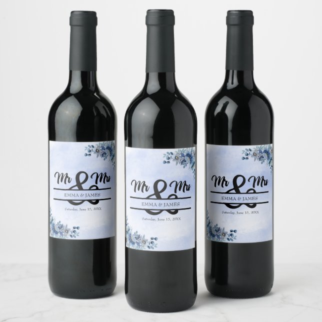 Rótulos de Garrafa de Vinho de Casamento Floral Az (Garrafas)