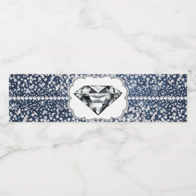 Rótulos de Garrafas de Água Denim e Diamante (Rótulo Único)