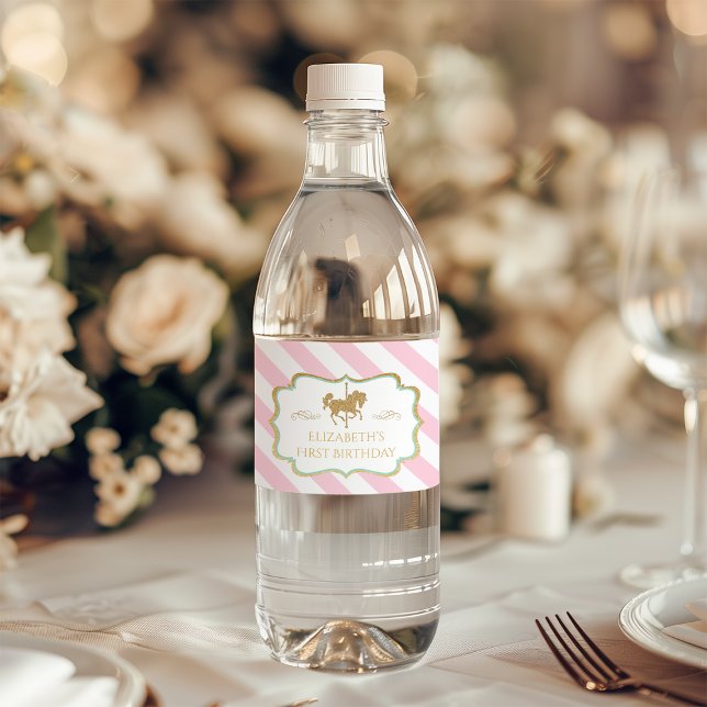 Rótulos de Garrafas de Água Temáticos de Carousel  (Pink Stripe Carousel Themed Water Bottle Labels)