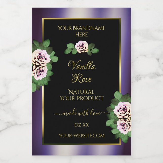Rótulos de Produtos Roxo Preto Moderno Flores Rosa (Rótulo Único)