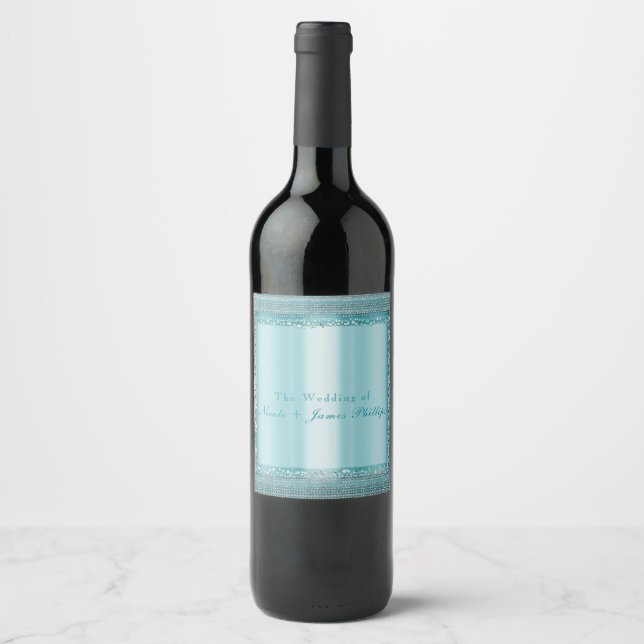 Rótulos de vinho Aqua Teal Blue & Silver Diamond B (Frente)