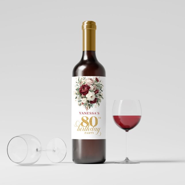 Rótulos de vinho Chic Blush Burgundy 80º aniversár (Chic Blush Burgundy 80th Birthday Wine Labels)
