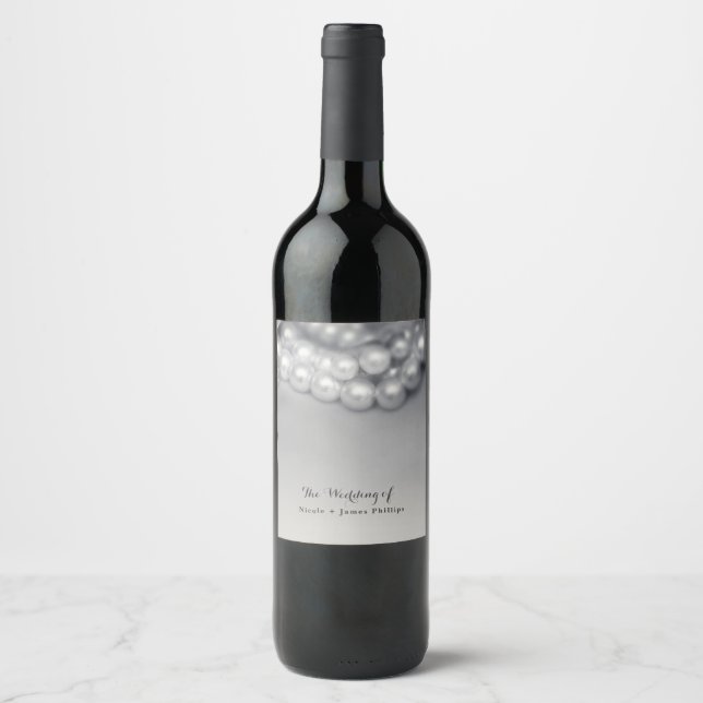 Rótulos de vinho com pérolas elegantes preto e bra (Frente)
