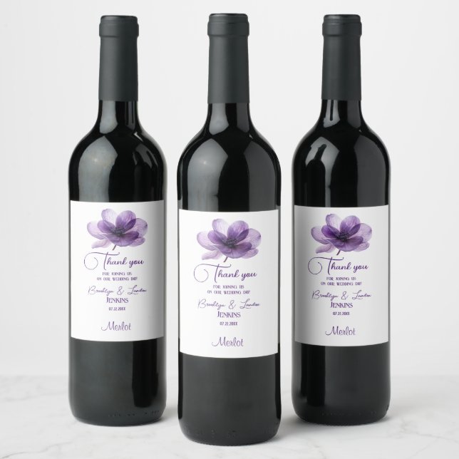 Rótulos de Vinho De Casamento De Flor Roxo (Garrafas)