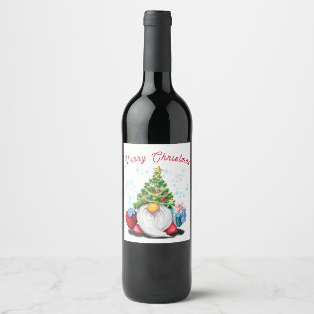 Rótulos de Vinho de Natal com Gnome Presente (Frente)
