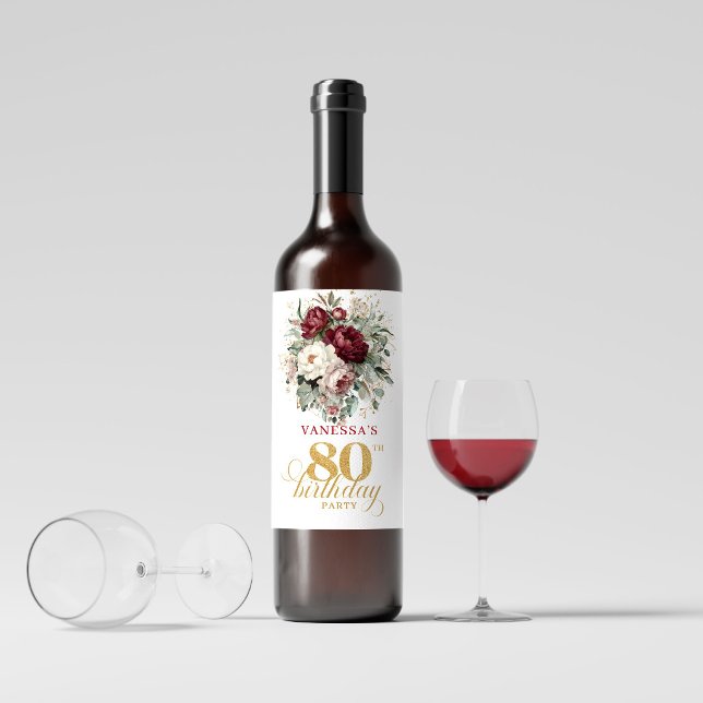 Rótulos de Vinho Elegantes Rosa Borgonha para 80º  (Trendy Blush Burgundy 80th Birthday Wine Labels)