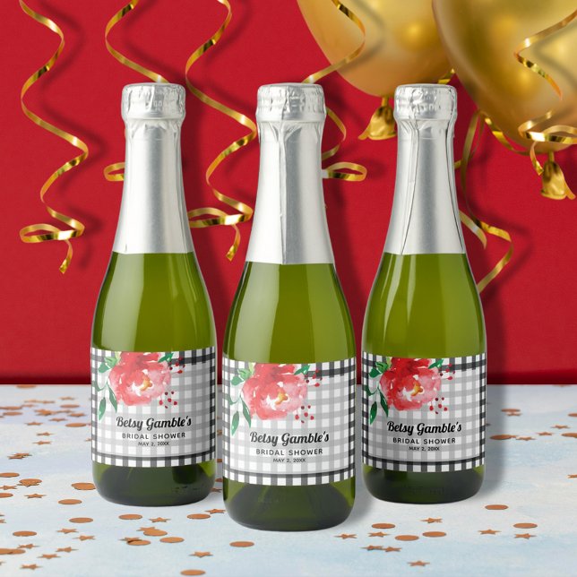Rótulos de Vinho Espumante Mini com Rosa Vermelha  (Red rose on black and white gingham mini sparkling wine bottle labels)
