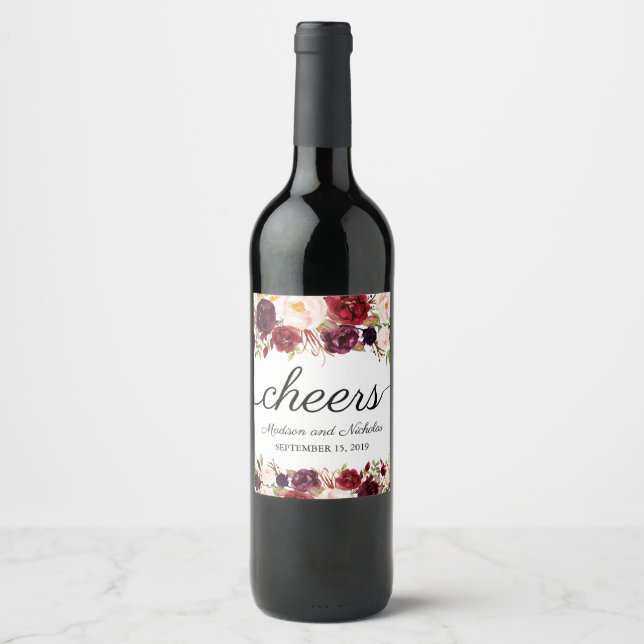 Rótulos de Vinho para Casamento Floral de Marsala  (Frente)