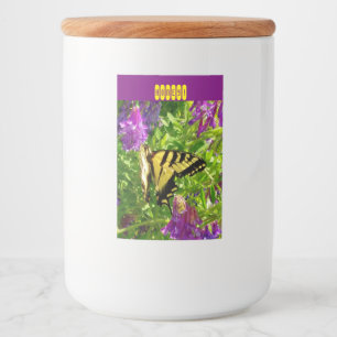 Rótulos Para Comida Borboleta em flores roxas. Customizável