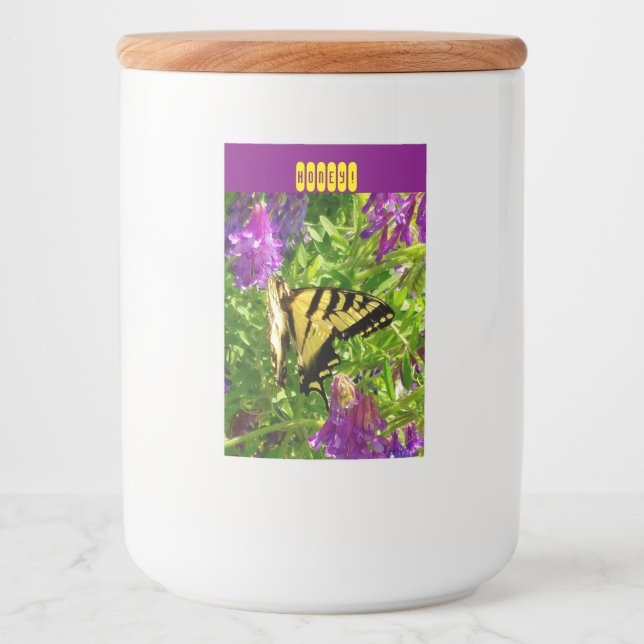 Rótulos Para Comida Borboleta em Flores Roxas. Personalizável (Frente)