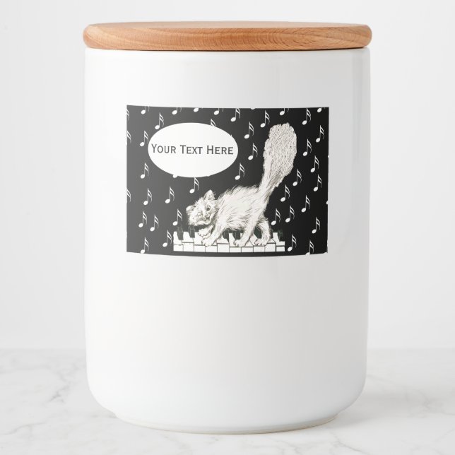Rótulos Para Comida Fun Winking White Cat Piano Keys Music Notes (Frente)