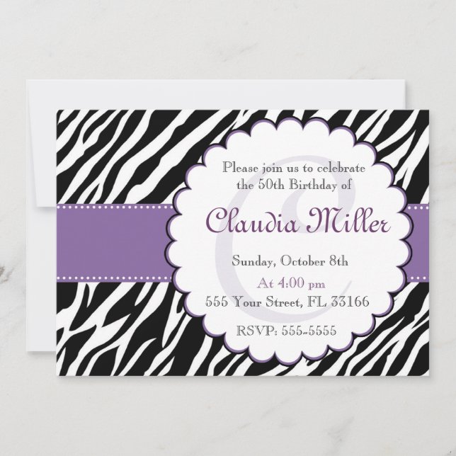 Roxo adulto do aniversário do convite da zebra (Frente)