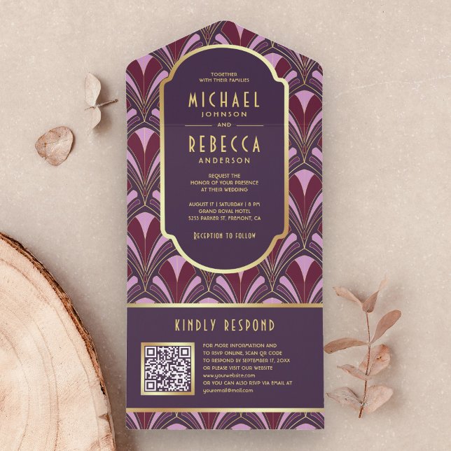 Roxo Berinjela Dourado Art Déco Código QR Casament (Criador carregado)