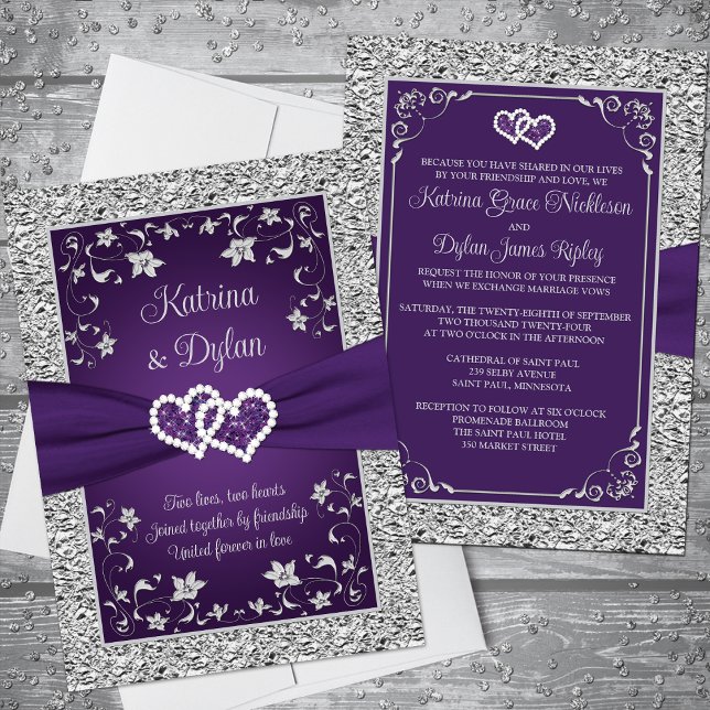 Roxo, Cinza Adorava Convite De Casamento (Romantic Purple and Silver Gray Floral Wedding Invitation with Ribbon and Joined Hearts (PRINTED ON))