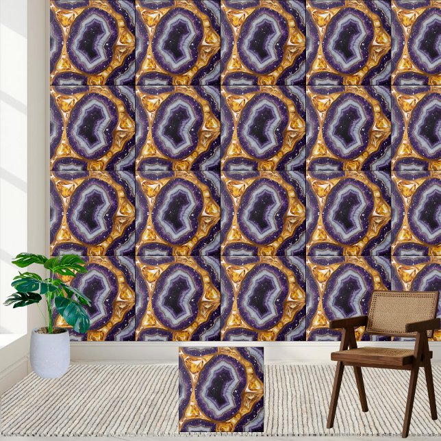 Roxo com Azulejo de Cristal Geodo Ametist Dourado (Purple With Gold Amethyst Geode Crystal Tile)