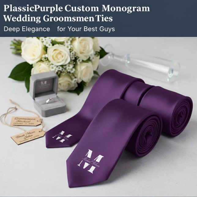 Roxo de Ameixa | Gravata de Monograma Personalizad (Plum Purple | Custom Monogram Wedding Groomsmen Neck Tie)