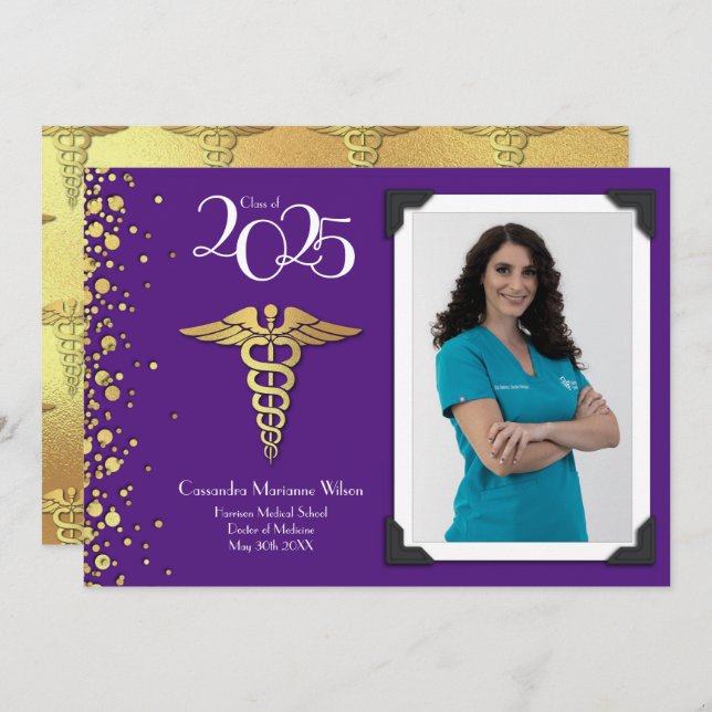 Roxo de Anúncio de Graduação Dourada (Frente/Verso)