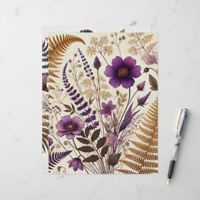 Roxo & Dourado Scrapbook de Flores Silvestres e Sa (Frente/Verso In Situ)