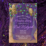 Roxo, Folhas Verdes, Coruja Bat Mitzvah Convite<br><div class="desc">Floresta roxa entonada,  corujas sábia de celeiro estreladas em árvores verdes folha. O convite de bat mitzvah,  estilo cômico,  é versátil para temas roxos,  violetas,  florestas,  sabedoria,  coruja,  e da natureza bat mitzvah. Este convite às corujas roxas também é uma ideia única para uma irmã gêmea bat mitzvah!</div>