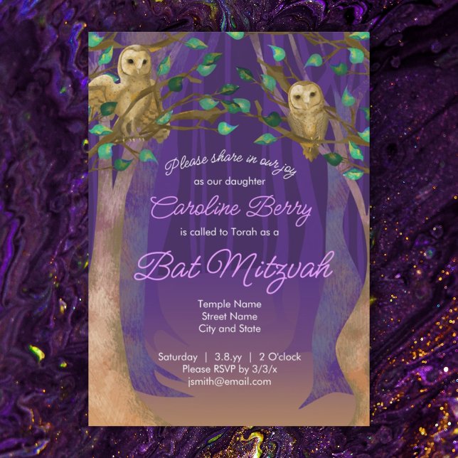 Roxo, Folhas Verdes, Coruja Bat Mitzvah Convite (purple bat mitzvah invitation owls magical forest trees green leaves)