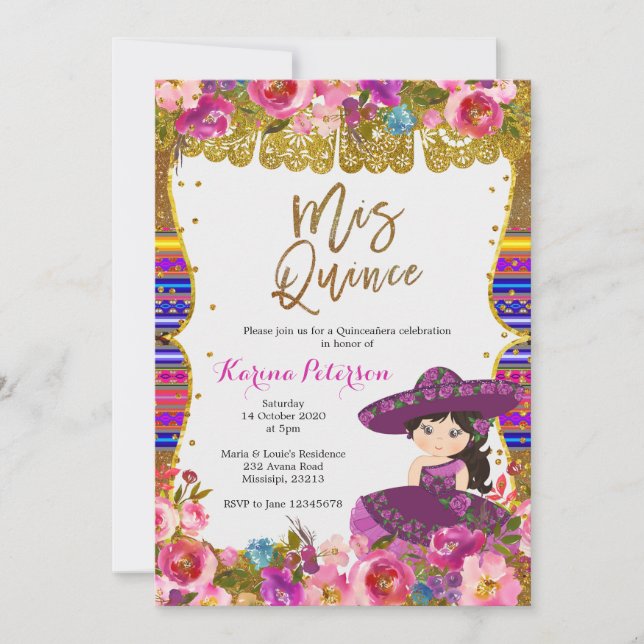 Roxo Mis Quince Convite De Aniversário Mexicano (Frente)