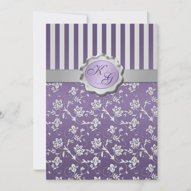 Roxo Monograma, Cinza Floral Strike Convite (Frente)