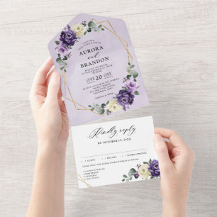 Roxo Plum Ivory Dourado Floral Casamento Geométric