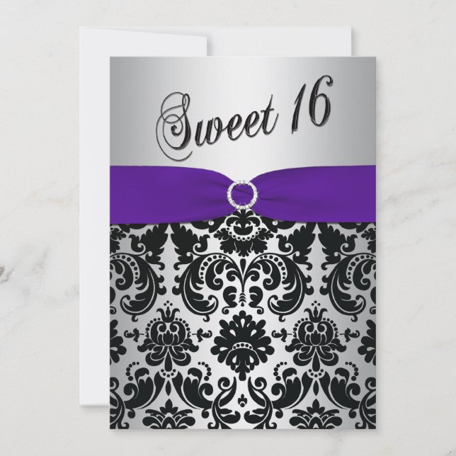 Roxo, Prata, Black Damask Sweet 16 Convite (Frente)