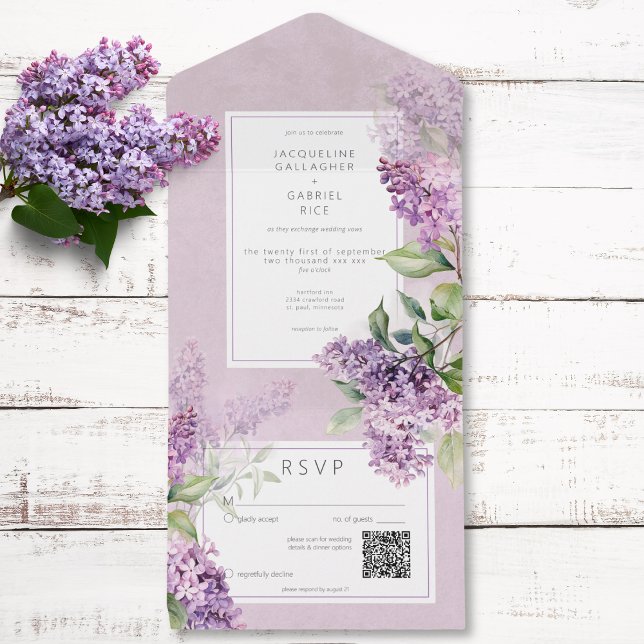 Roxo Romântico Rústico Roxo e Sage Lilacs Código Q (Rustic Romantic Purple & Sage Lilacs QR Code All In One Invitation)