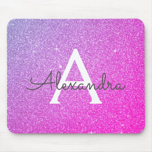 Roxo Rosa Roxo Glitter Monograma Nome Mousepad (Frente)