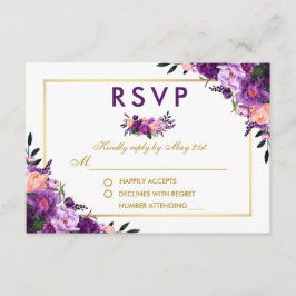 Roxo Ultra Violeta Floral Dourado RSVP Casamento P