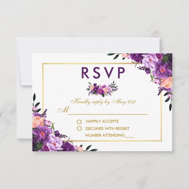 Roxo Ultra Violeta Floral Dourado RSVP Casamento P (Frente)
