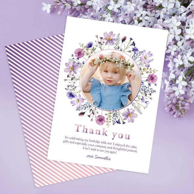 Roxo Wildflower Girl Obrigado Cartão com fotos (Beautiful floral thank you card)