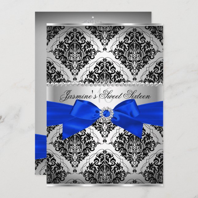 Royal Blue & Black Damask Sweet 16 Convite (Frente/Verso)