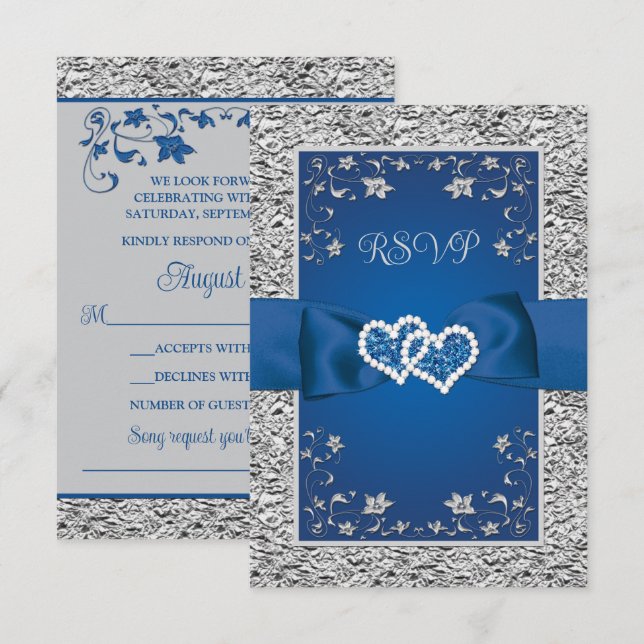 Royal Blue, Cinza Love Hearts (SMALL) Wedding RSVP (Frente/Verso)