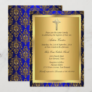 Royal Blue & Dourado Damask Cross Baptism Convite