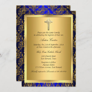 Royal Blue & Dourado Damask Cross Baptism Convite