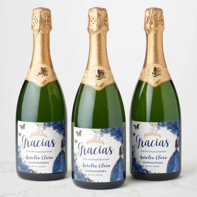 Royal Blue Floral Princesa Vestida Dourada Quincea (Garrafas)