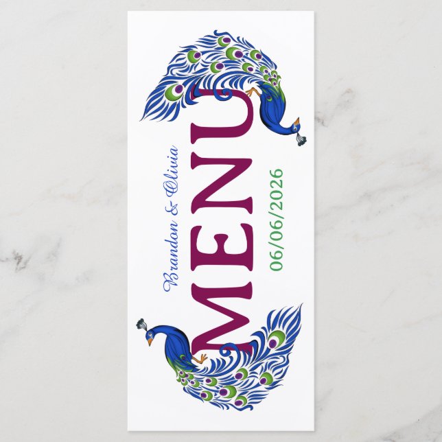 Royal Blue Peacock Wedding Flat Menu (Frente)