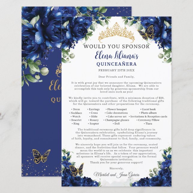Royal Blue Quinceanera 15 Sponsor Request Letter (Frente/Verso)