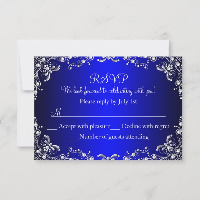 Royal Blue Silver Pearl Damask Sweet 16 RSVP (Frente)