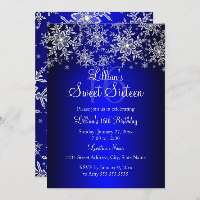 Royal Blue Silver Snowflake Sweet 16 Convite (Frente/Verso)