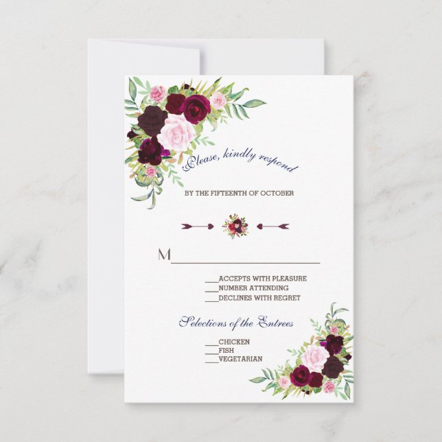 Royal Burgundy Marsala Casamento Floral RSVP (Frente)
