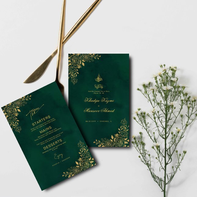Royal Emerald Green Dourado Florals Menu do Casame (Criador carregado)