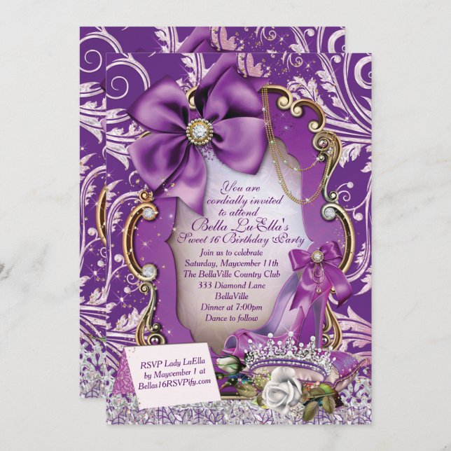 Royal Purple Princess Sweet 16 Convite (Frente/Verso)