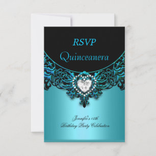 RSVP 15º Quinceanera Azul Água Verde-azulado Preto