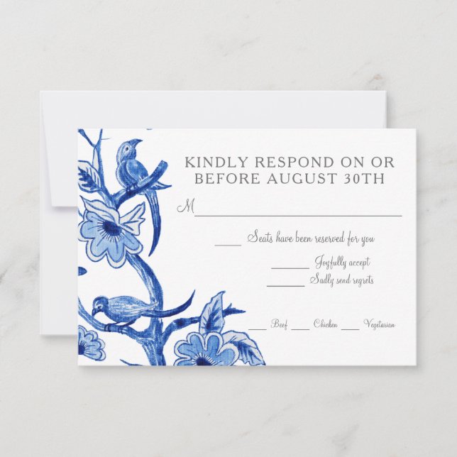 RSVP Azul Chinoiserie Floral Asiático Aquarela (Frente)