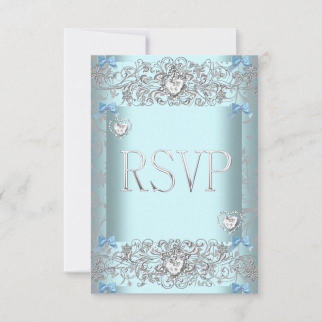 RSVP Azul Turquesa Damask Casamento Corações de Di (Frente)