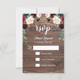 RSVP Borgonha de madeira rústica floresce o cartão de
